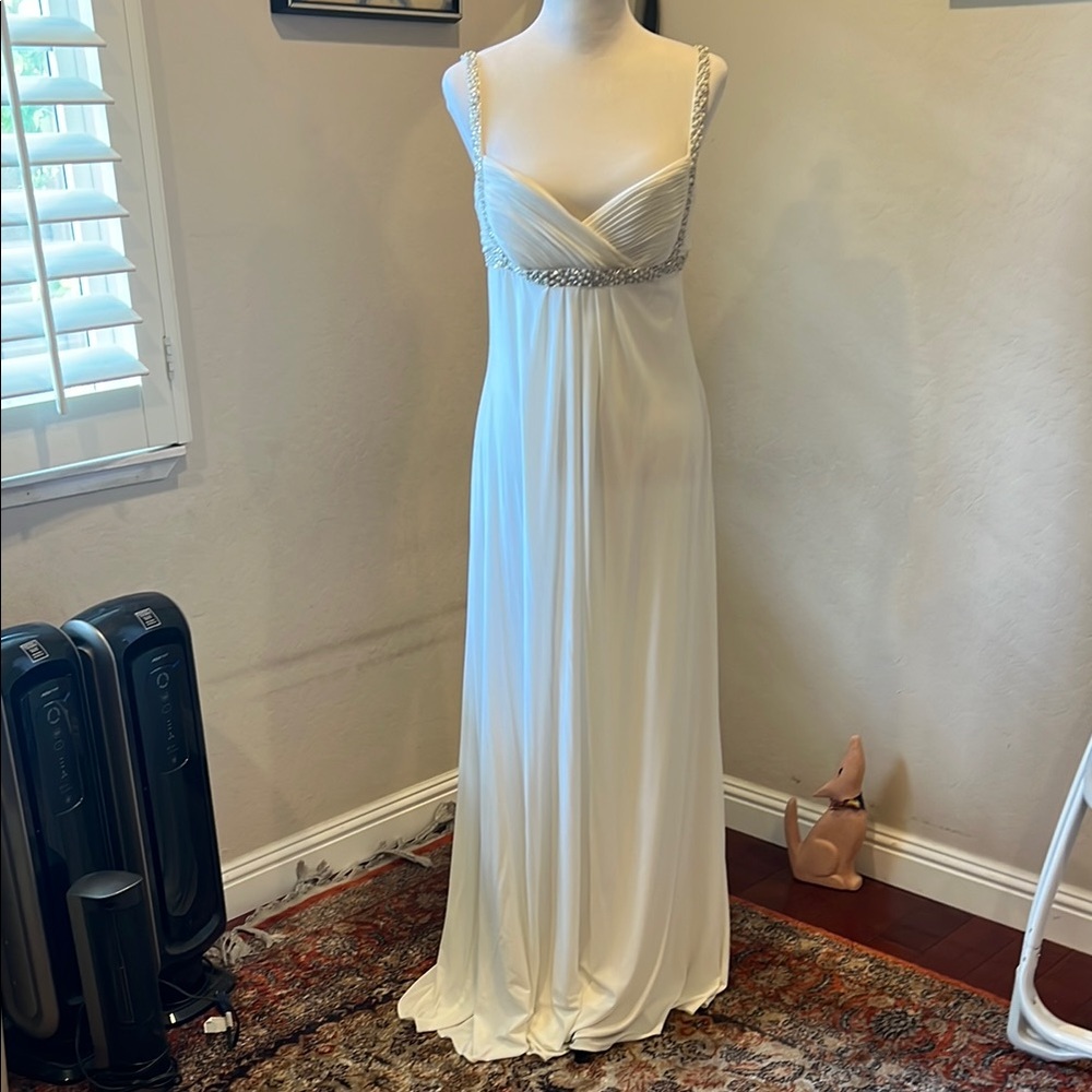 Elegant White Evening Gown- beaded bodice